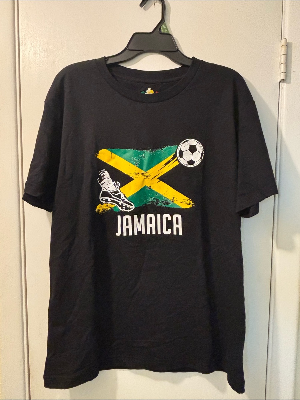 Jamaica Soccer Graphic Tee - Black with Yellow & Green Flag